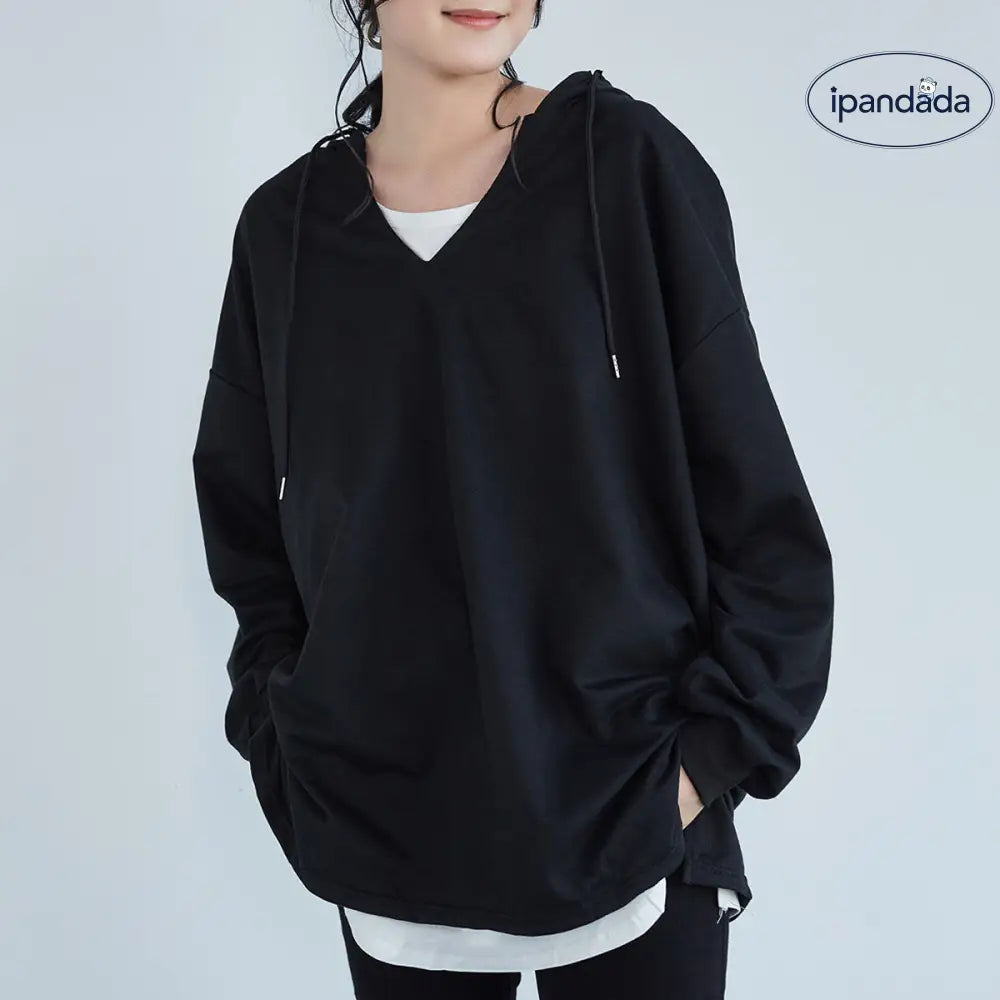 秋 新作 レディース トップス 韓国風 カジュアル ゆったり Vネック スリット フード付き スウェット ID2498