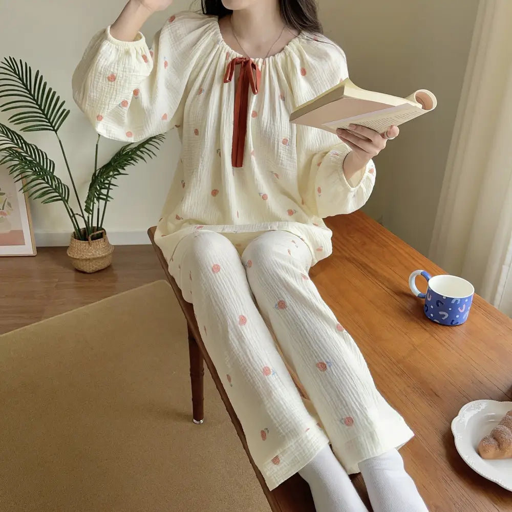 秋 新作 長袖 パジャマ 綿 レディース かわいい系 リボン 可愛らしい ルームウェア 全綿 柔らかい 快適 セットアップ ID2480