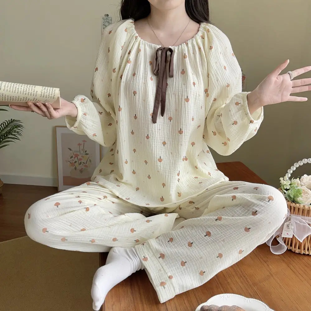 秋 新作 長袖 パジャマ 綿 レディース かわいい系 リボン 可愛らしい ルームウェア 全綿 柔らかい 快適 セットアップ ID2480 タイプ④ / M/L