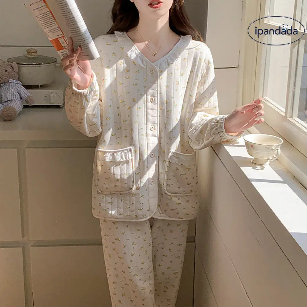 秋 中綿 保温 パジャマ カーディガン フローラル 長袖 長ズボン セット レディース ルームウェア ID2678