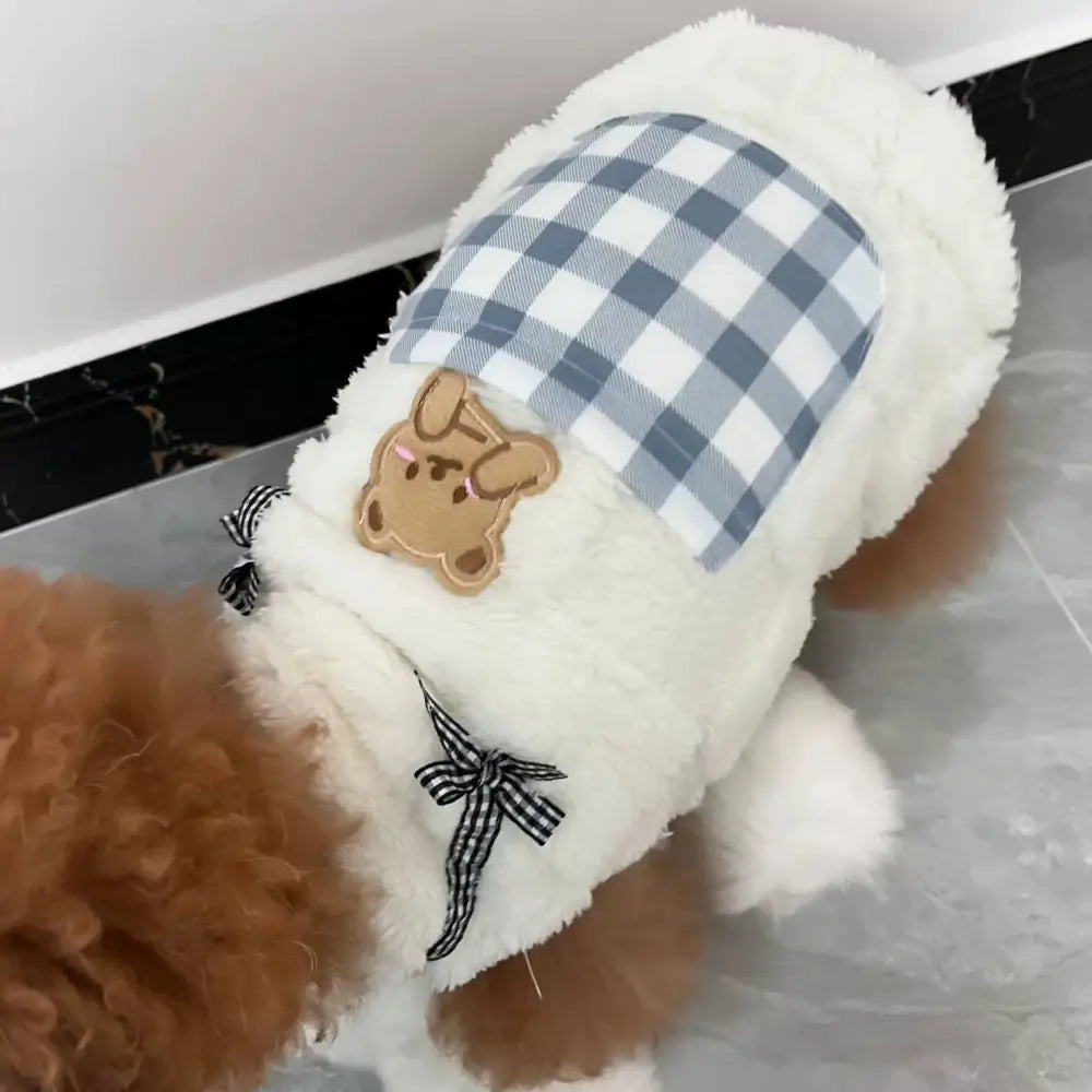 犬 ベスト 熊柄 チェック柄 お散歩 もこもこ 秋冬 ドッグウェア 抜け毛防止 犬服 猫服 犬用 ペット用品 ブルー / S ペット用品＞ウェア