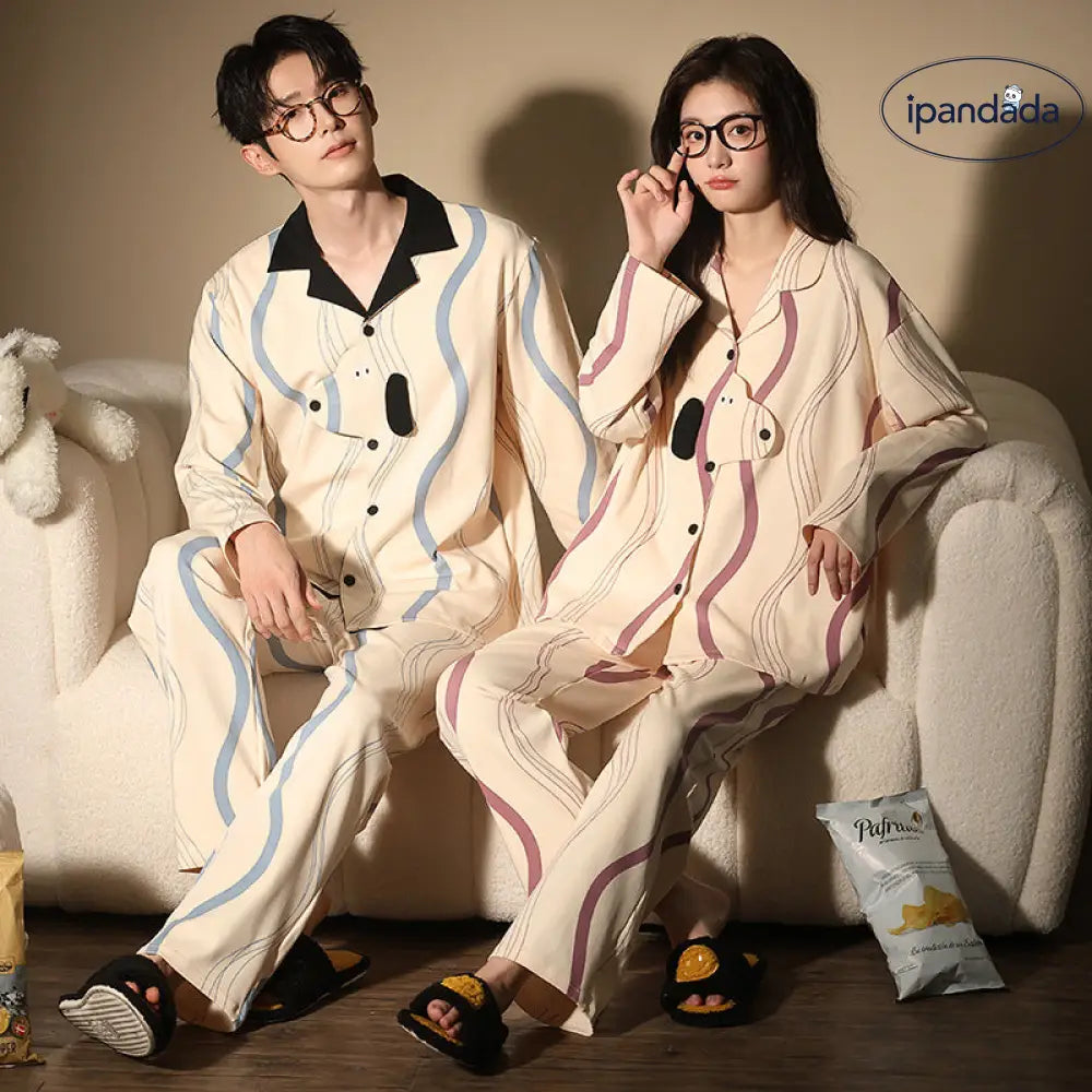 犬柄 カップル パジャマ 配色 韓国風 春秋 長袖ルームウェア カジュアル 開襟 セットアップ 女性用 男性用 可愛いデザイン 外出着にも 家居服 ID4128