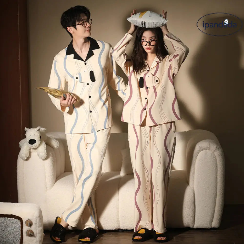 犬柄 カップル パジャマ 配色 韓国風 春秋 長袖ルームウェア カジュアル 開襟 セットアップ 女性用 男性用 可愛いデザイン 外出着にも 家居服 ID4128