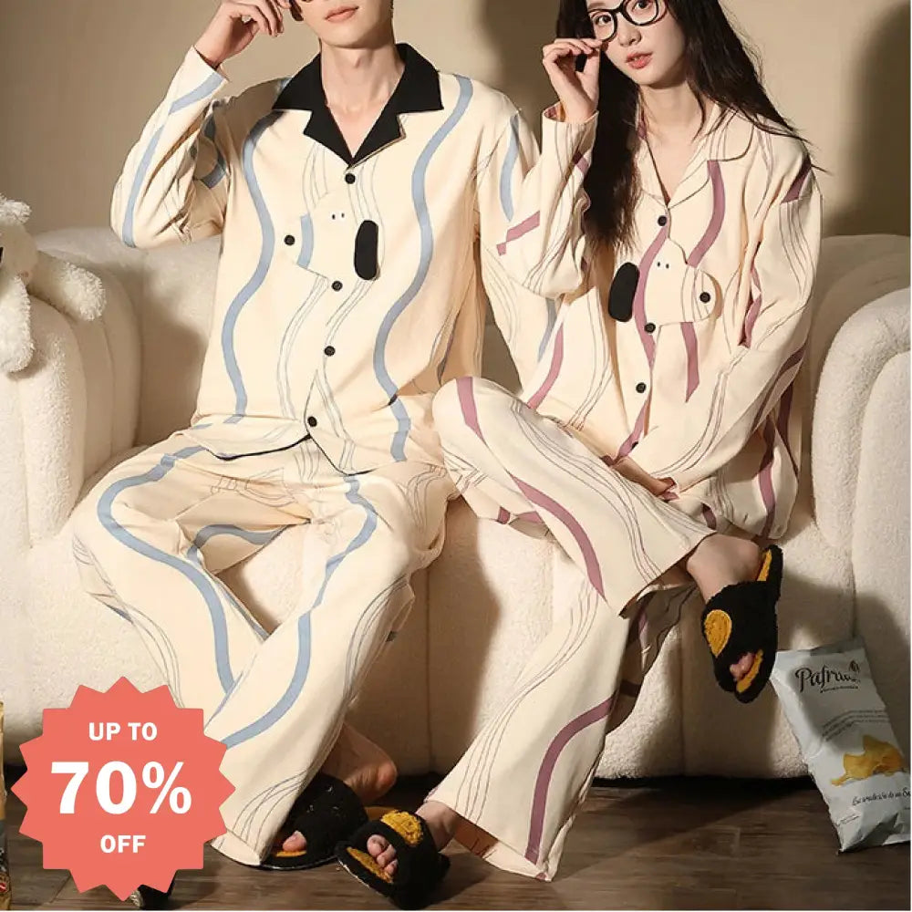 犬柄 カップル パジャマ 配色 韓国風 春秋 長袖ルームウェア カジュアル 開襟 セットアップ 女性用 男性用 可愛いデザイン 外出着にも 家居服 ID4128