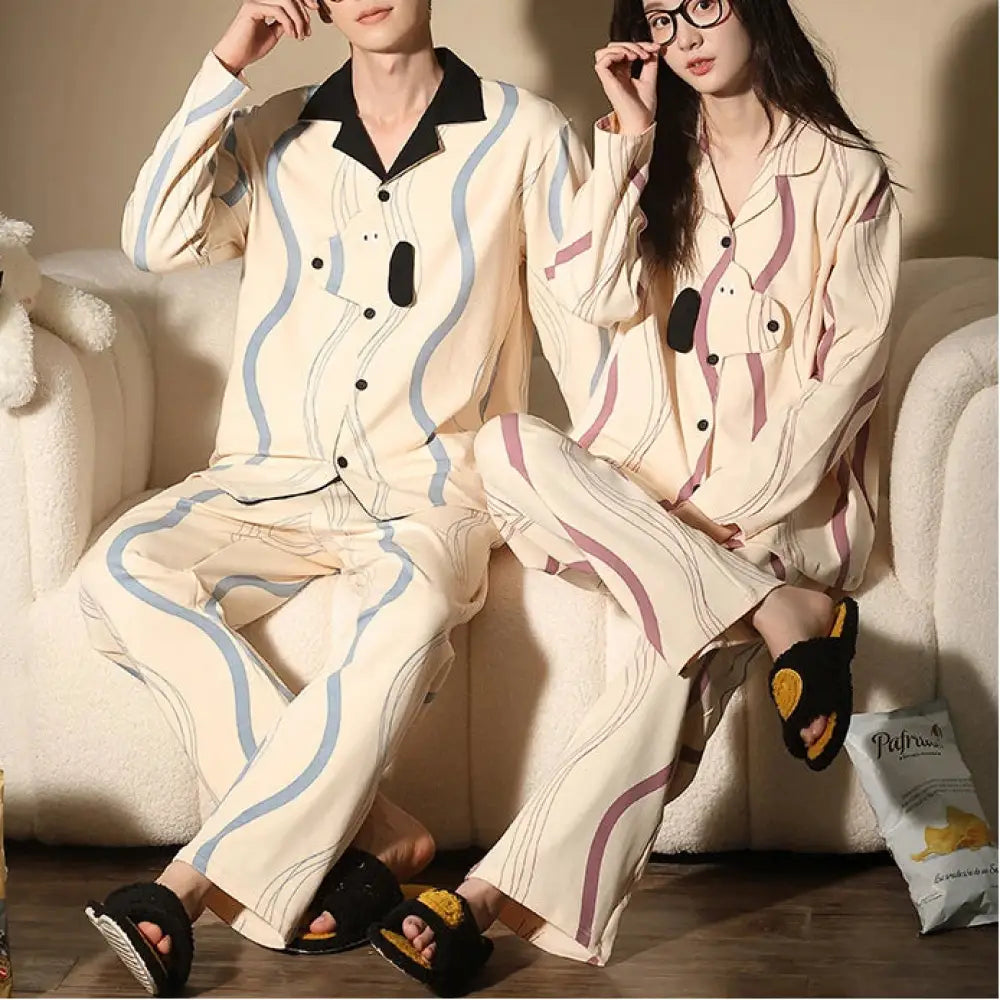 犬柄 カップル パジャマ 配色 韓国風 春秋 長袖ルームウェア カジュアル 開襟 セットアップ 女性用 男性用 可愛いデザイン 外出着にも 家居服 ID4128