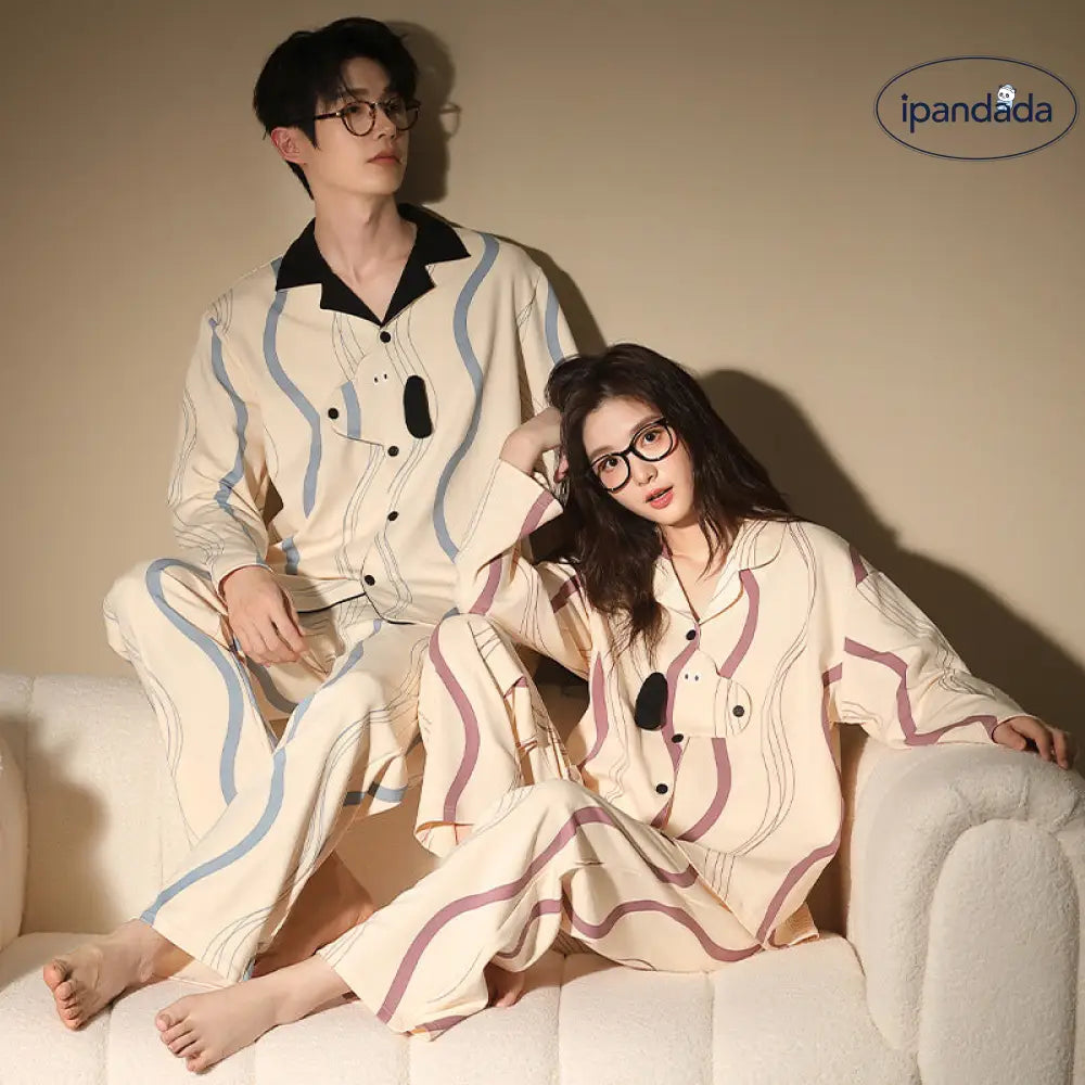 犬柄 カップル パジャマ 配色 韓国風 春秋 長袖ルームウェア カジュアル 開襟 セットアップ 女性用 男性用 可愛いデザイン 外出着にも 家居服 ID4128