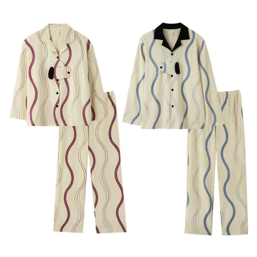 犬柄 カップル パジャマ 配色 韓国風 春秋 長袖ルームウェア カジュアル 開襟 セットアップ 女性用 男性用 可愛いデザイン 外出着にも 家居服 ID4128 写真通り / レディースＭ