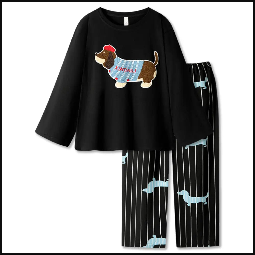 ID1332 【犬柄】カップルパジャマセット メンズ/レディース 夏用 半袖 ブラック おしゃれ 部屋着・外出兼用
