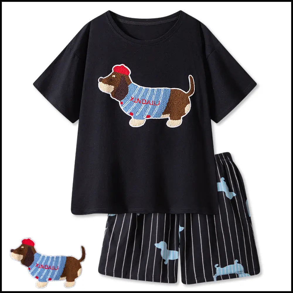 ID1332 【犬柄】カップルパジャマセット メンズ/レディース 夏用 半袖 ブラック おしゃれ 部屋着・外出兼用 タイプ① / レディースＭ カップル＞セットアップ