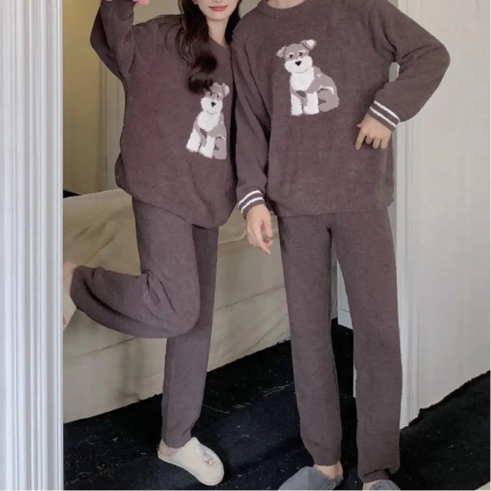 犬柄 ペアパジャマ カップル もこもこ ルームウェア 上下セット 秋冬 あったか 長袖 長ズボン 男女兼用 可愛い 部屋着 冬用プレゼント におすすめ カップル クリスマスギフト 人気 クリスマスプレゼント 2025 ID3386