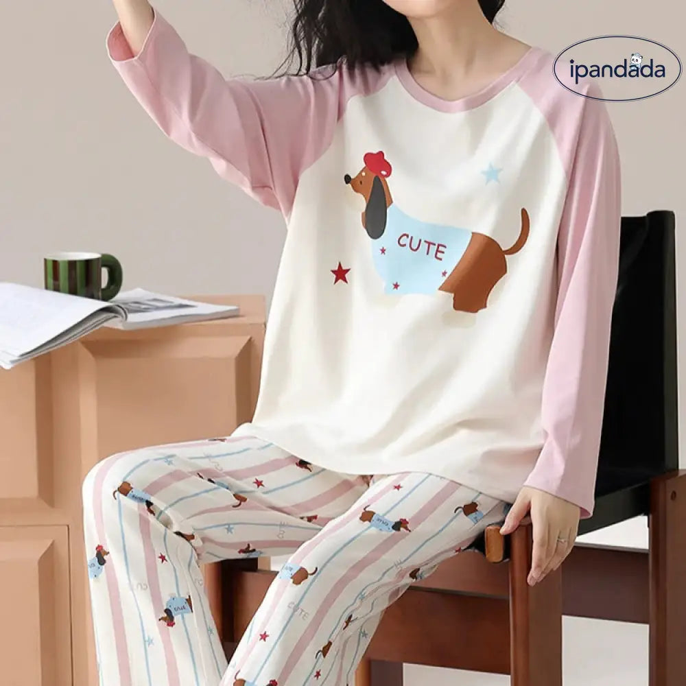犬柄 ルームウエア かわいい プレゼント パジャマ レディース 上下セット バレンタインデー プレゼント 長袖 胸ポケット付き 可愛い 秋 冬 春 夏 入院 出産 部屋着 寝巻き バレンタインデー レゼント ギフト レディース＞セットアップ