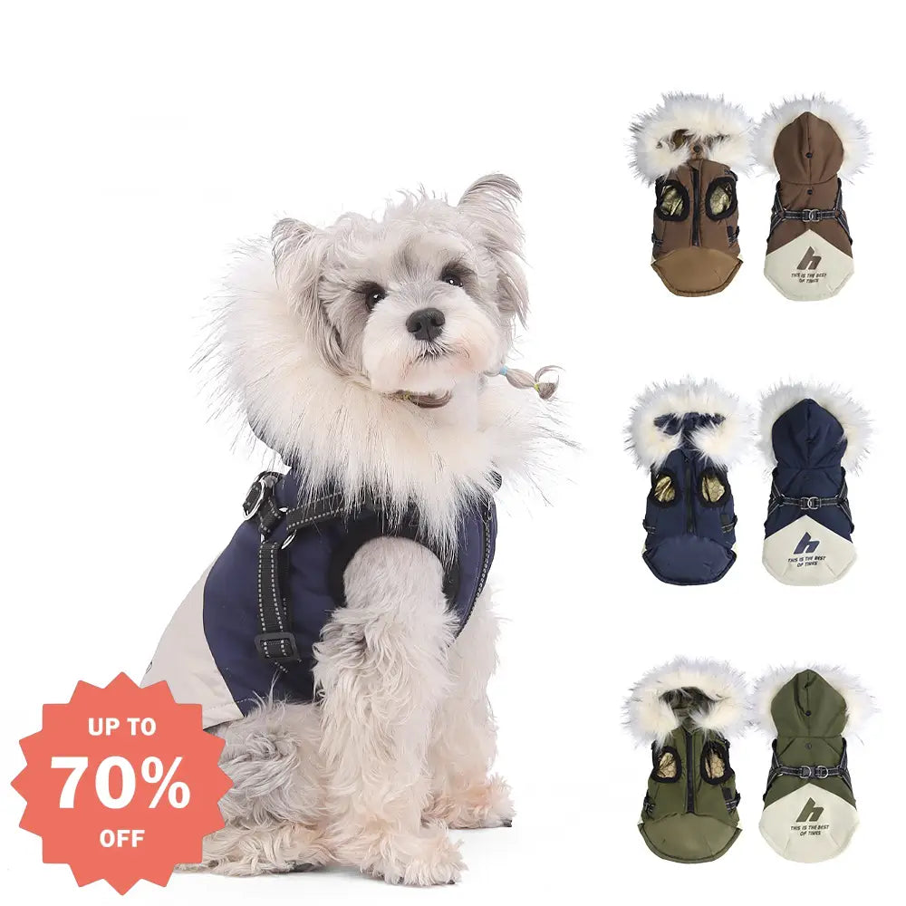 犬 冬季服 リード付き フリース襟 フード付き 厚手 保温 ビション 中小型犬 ペット 起毛 厚手コート 犬 クリスマスプレゼント ID3096 ペット用品＞ウェア