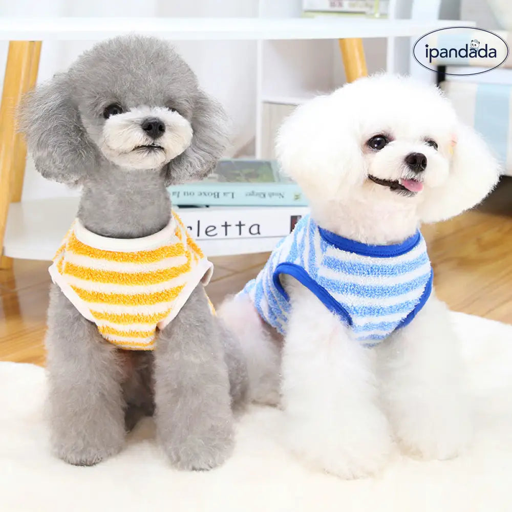 犬服 背中開き ベスト ストライプ柄 ドッグウェア 小型犬 服 もこもこ 裏起毛 防寒 冬服 袖なし暖かい ダウン　前あき 前ボタン レッド イエロー ブルー ペット用品＞ウェア