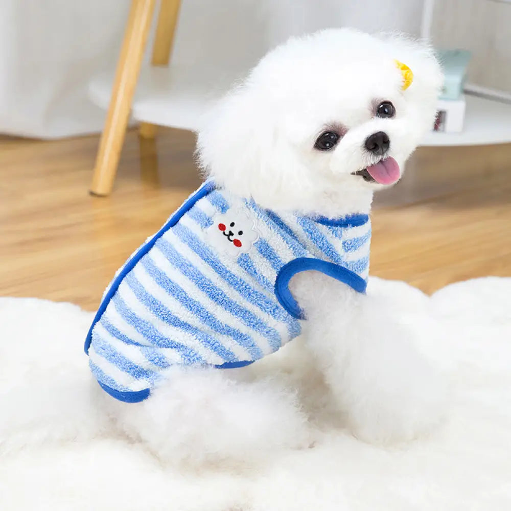 犬服 背中開き ベスト ストライプ柄 ドッグウェア 小型犬 服 もこもこ 裏起毛 防寒 冬服 袖なし暖かい ダウン　前あき 前ボタン レッド イエロー ブルー ブルー / S（対応体重1.2-2KG） ペット用品＞ウェア