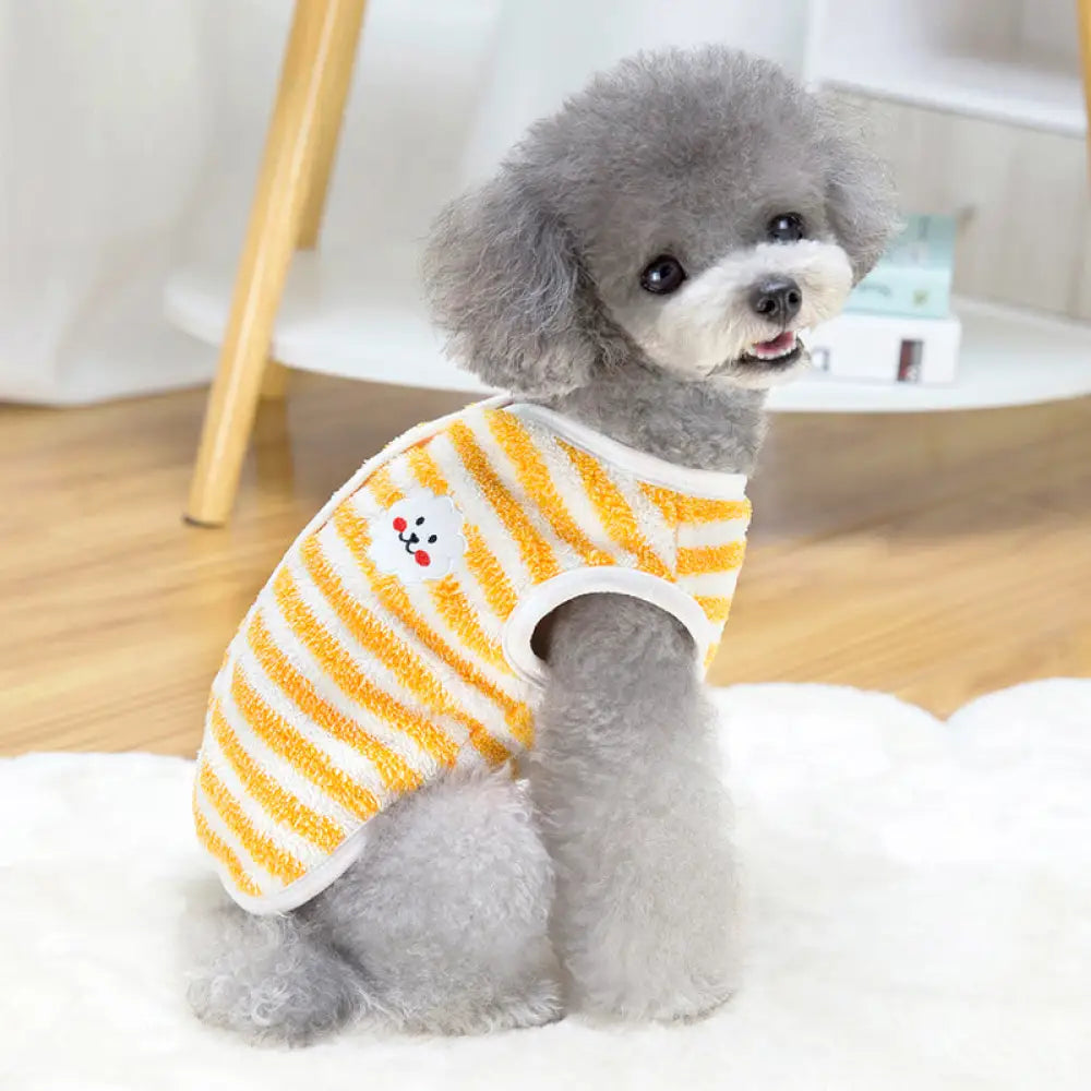 犬服 背中開き ベスト ストライプ柄 ドッグウェア 小型犬 服 もこもこ 裏起毛 防寒 冬服 袖なし暖かい ダウン　前あき 前ボタン レッド イエロー ブルー イエロー / S（対応体重1.2-2KG） ペット用品＞ウェア