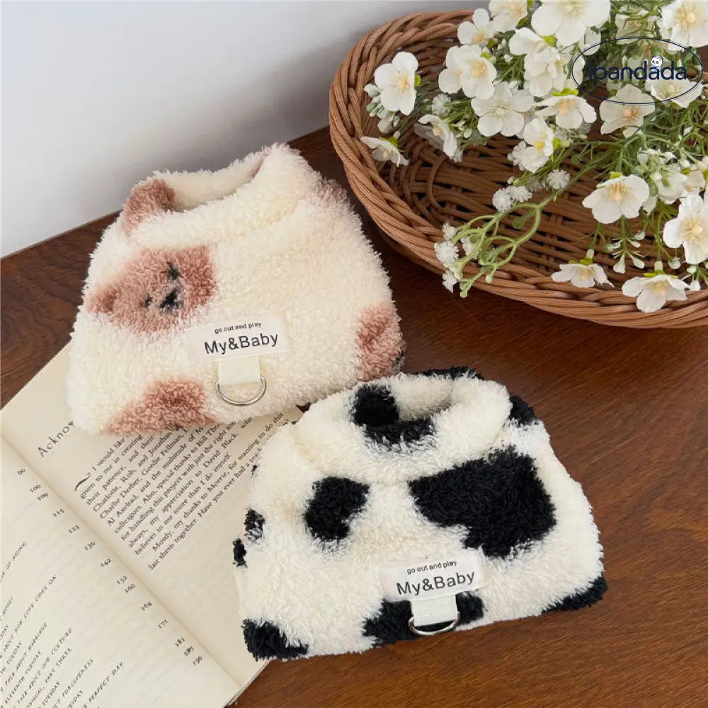 犬 服 猫服 フリース 暖かい ベスト ハーネス Dカン付き モコモコ ボア 伸縮性 カウ 牛柄 くま柄 小型犬 中型犬 防寒 着せやすい 小型犬～中型犬用 ID3053