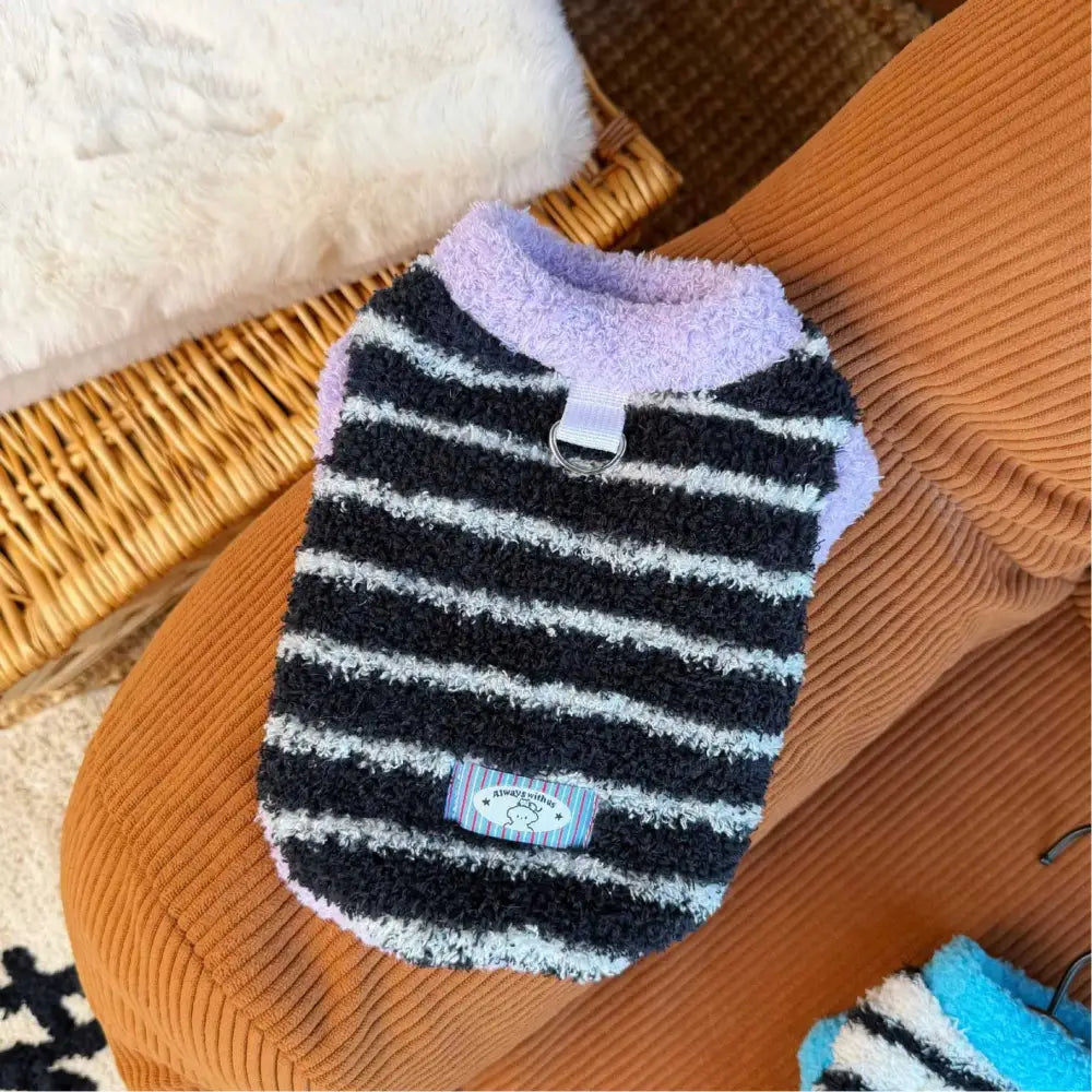 秋冬用 厚手 裏起毛 ペットウェア 犬 猫 ボーダーベスト バイカラー ルームウェア ID3479 ブラック / XS