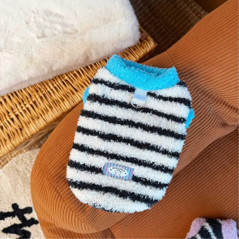 秋冬用 厚手 裏起毛 ペットウェア 犬 猫 ボーダーベスト バイカラー ルームウェア ID3479 ホワイト / XS