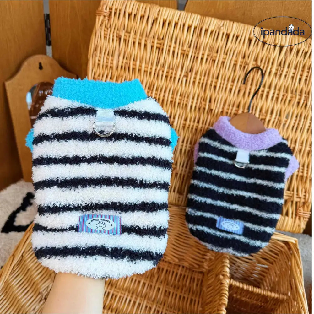 秋冬用 厚手 裏起毛 ペットウェア 犬 猫 ボーダーベスト バイカラー ルームウェア ID3479