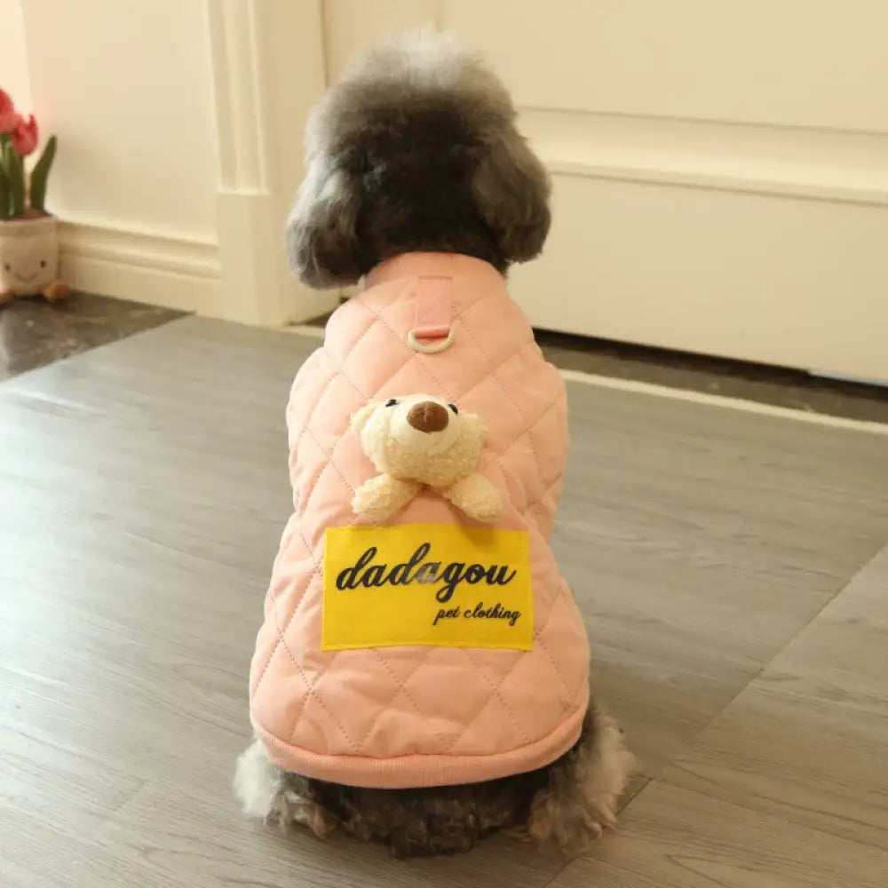 犬用 秋冬用 ペット服 保温 かわいい クマ 厚手 リード付き ダウンジャケット ビションフリーゼ テディベア ペット服 冬用 ID3783 ピンク / S