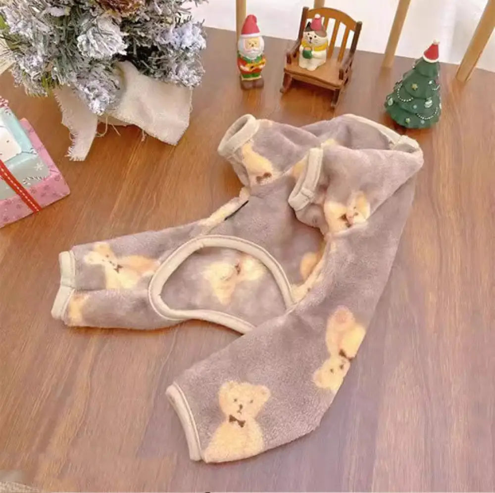 犬服ドッグウェア 2XS-2XL 暖かい 秋冬 部屋着 ルームウェア クマ柄 抜け毛対策 長袖 小型犬用 カバーオール ロンパース着る毛布 ブラウン / 2XS ペット用品＞ウェア