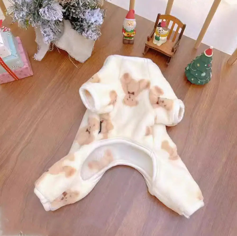 犬服ドッグウェア 2XS-2XL 暖かい 秋冬 部屋着 ルームウェア クマ柄 抜け毛対策 長袖 小型犬用 カバーオール ロンパース着る毛布 ホワイト / 2XS ペット用品＞ウェア