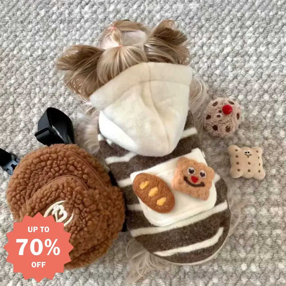 犬猫用 ウェア 冬用 保温 スウェット 可愛い フェルト 小型犬 用 テディシュナウザー フード付き スウェット ID3307 ブラウン / XS