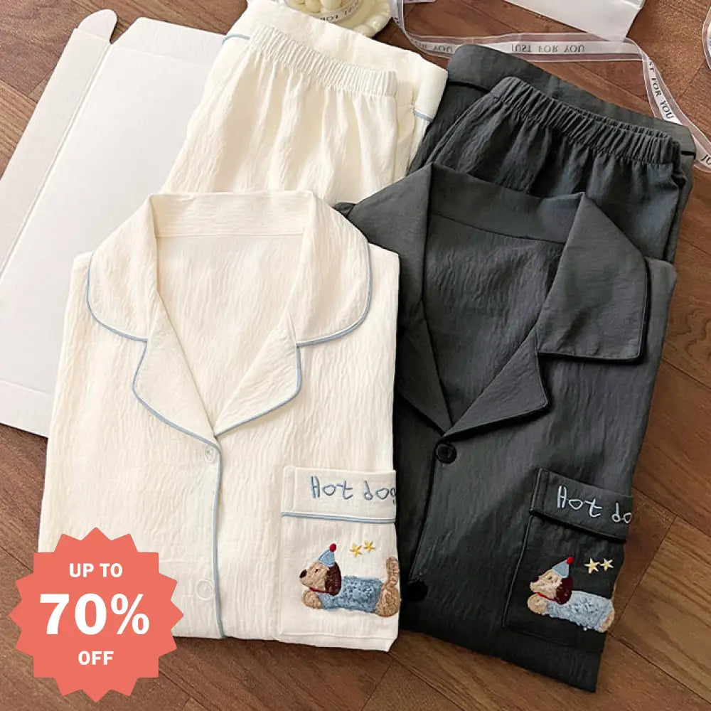 ID681 犬 プリント カップル おそろい パジャマ 綿シルク 夏 半袖 ルームウェア メンズ レディース 薄手外出 可 ゆったり 吸汗 速乾 2点セット ベージュ / レディースＭ カップル＞セットアップ