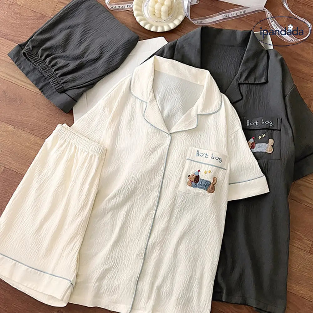 ID681 犬 プリント カップル おそろい パジャマ 綿シルク 夏 半袖 ルームウェア メンズ レディース 薄手外出 可 ゆったり 吸汗 速乾 2点セット カップル＞セットアップ