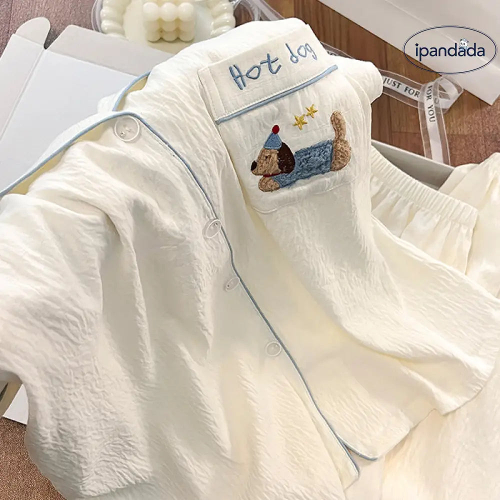 ID681 犬 プリント カップル おそろい パジャマ 綿シルク 夏 半袖 ルームウェア メンズ レディース 薄手外出 可 ゆったり 吸汗 速乾 2点セット カップル＞セットアップ