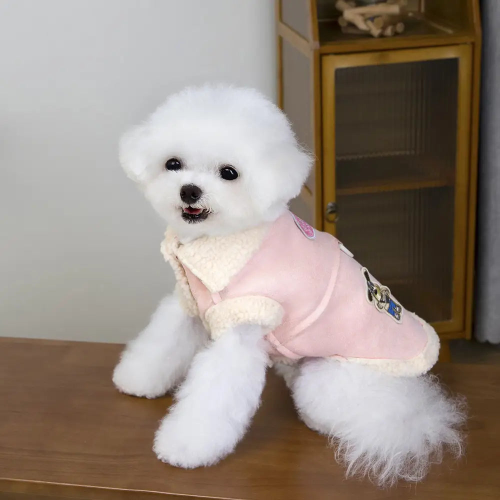 犬用 2脚服 秋冬用 加厚 保温 防寒 ペット 猫用 ビション フリーゼ テディ ベア シープスキン スエード コート ID2550 ピンク / S