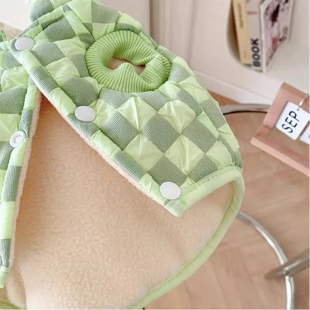 犬用 チェック柄 モギ ヨークシャー ボメラニアン フランスブルドッグ向け 秋冬 暖かい 綿入れ チョッキ 二脚タイプ ペット服 ID3105 グリーン / S