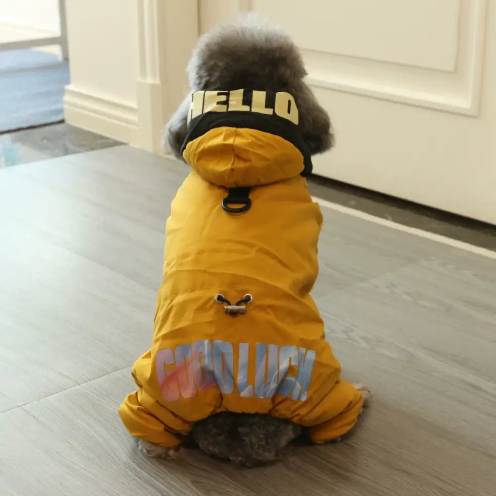 犬用 冬服 フルボディ 帽子付き プリント 防水 厚手 綿コート ビション・フリーゼ テディベア ペットウェア 秋冬用 ID3554 イエロー / S