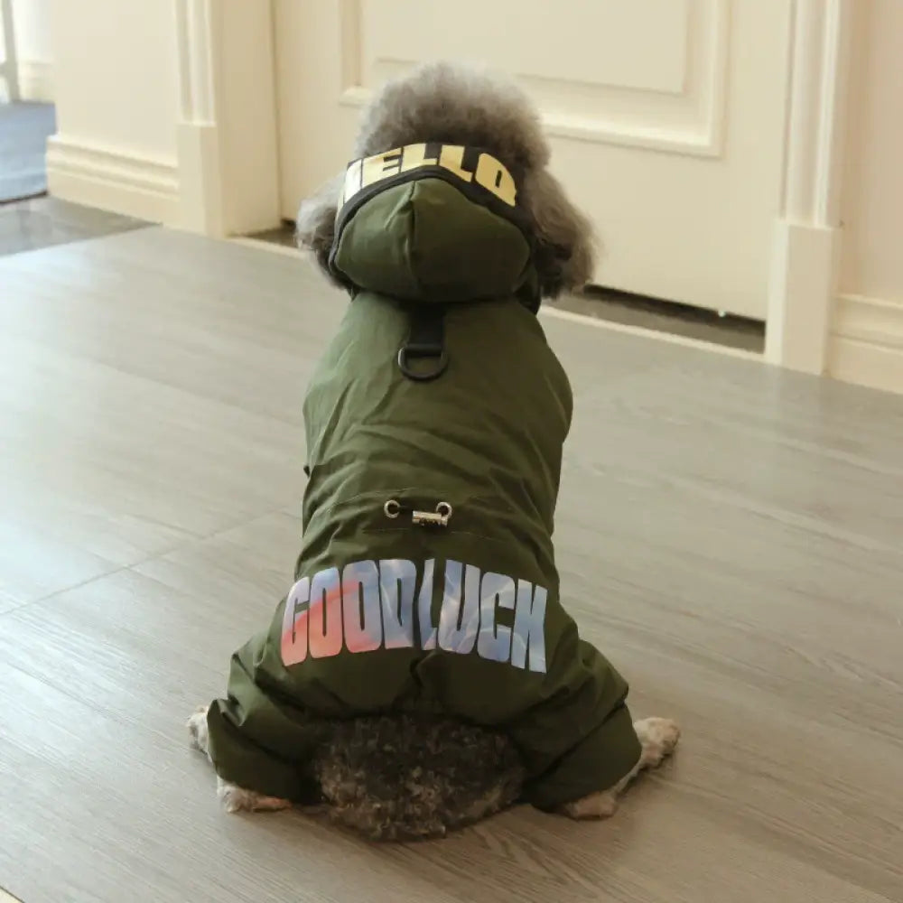 犬用 冬服 フルボディ 帽子付き プリント 防水 厚手 綿コート ビション・フリーゼ テディベア ペットウェア 秋冬用 ID3554 カーキ / S