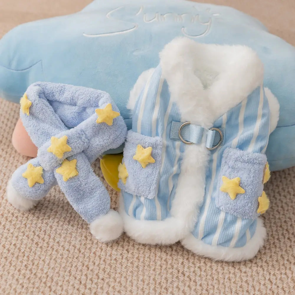 犬用 服 ストライプ スカーフ リード付き ベスト 小型犬 秋冬用 裏起毛 フリース ペット服 ID3424 ブルー / XS