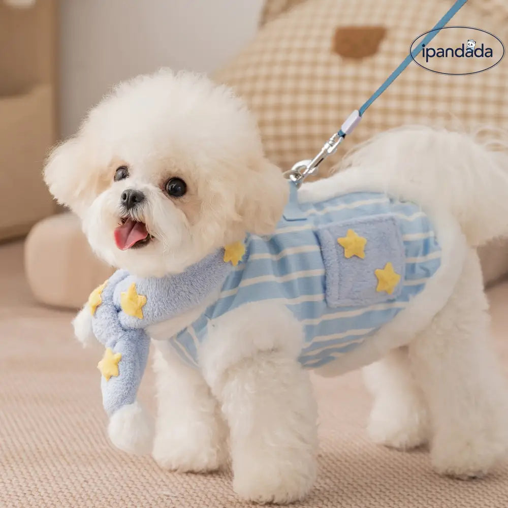 犬用 服 ストライプ スカーフ リード付き ベスト 小型犬 秋冬用 裏起毛 フリース ペット服 ID3424