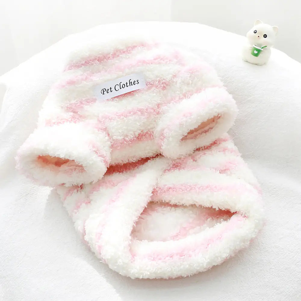 秋冬 厚手 保温 ストライプ セーター 猫犬兼用 ビションフリーゼ シュナウザー テディ ドッグウェア ID2536 ピンク / XS