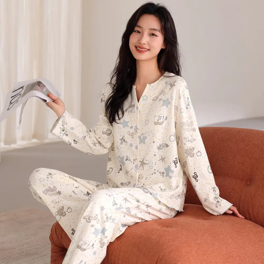 【全7タイプから選べる】 パジャマ レディース 長袖 春秋 薄手 カーディガン かわいい おしゃれ 部屋着 セット 二点セット 柔らかい 肌触り良好 プレゼント 女性 ID4401 タイプ③ / M レディース＞セットアップ