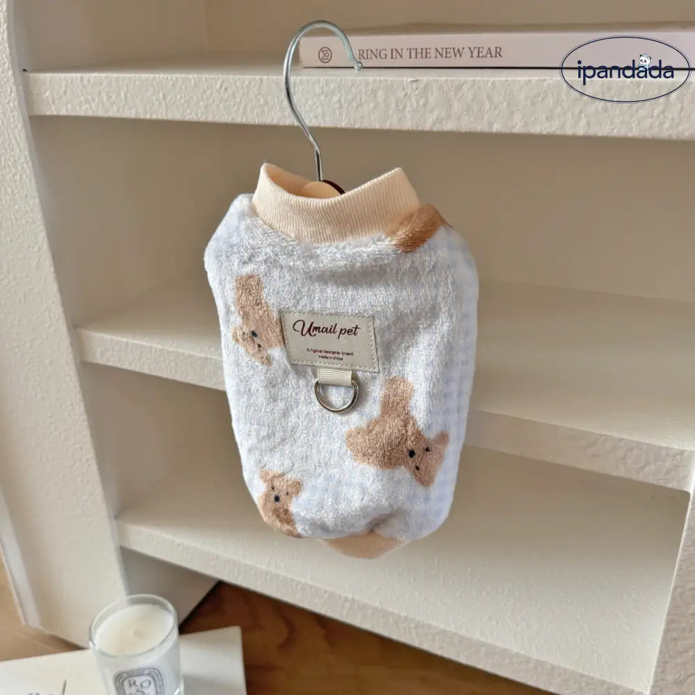 犬の服 秋冬新作 ふわふわ かわいい くまさん柄 青いチェック ベスト ペット用 猫 小型犬 ビション・テディ用 ID3252