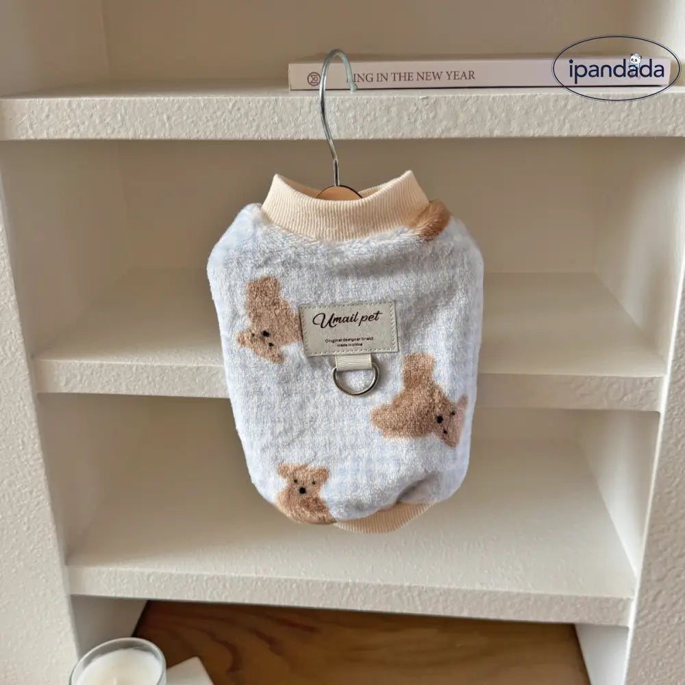 犬の服 秋冬新作 ふわふわ かわいい くまさん柄 青いチェック ベスト ペット用 猫 小型犬 ビション・テディ用 ID3252