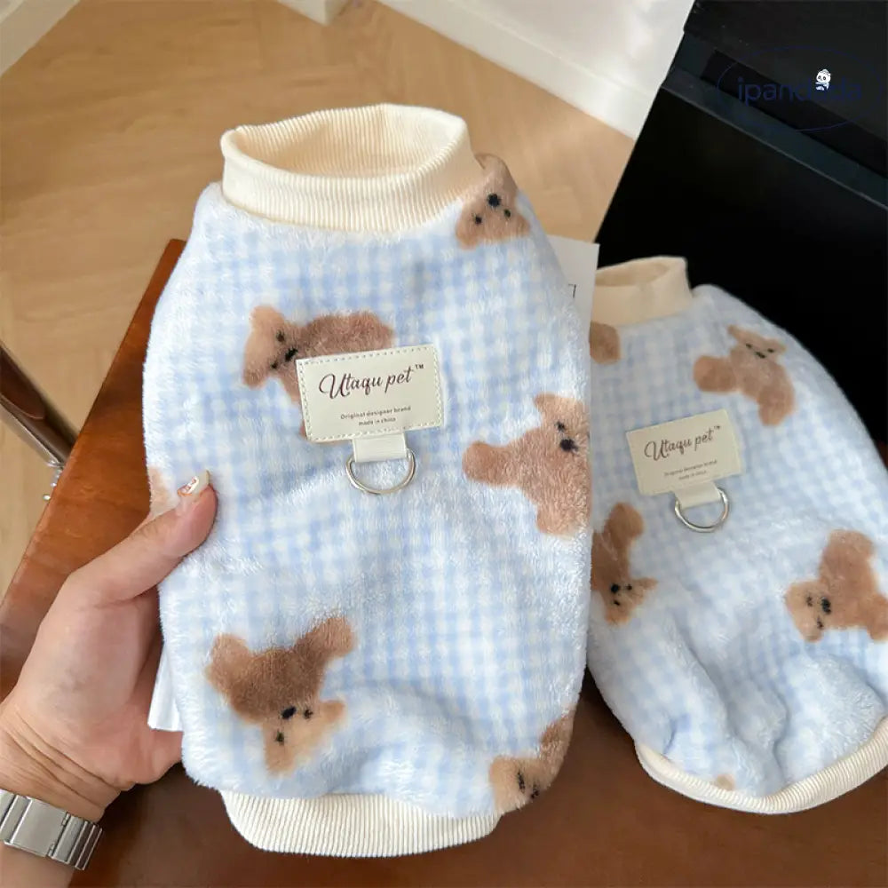 犬の服 秋冬新作 ふわふわ かわいい くまさん柄 青いチェック ベスト ペット用 猫 小型犬 ビション・テディ用 ID3252