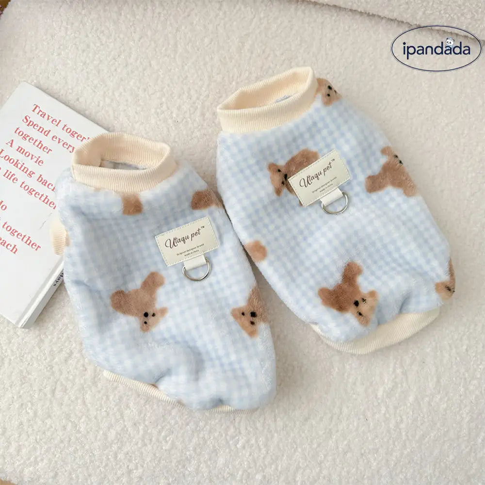 犬の服 秋冬新作 ふわふわ かわいい くまさん柄 青いチェック ベスト ペット用 猫 小型犬 ビション・テディ用 ID3252