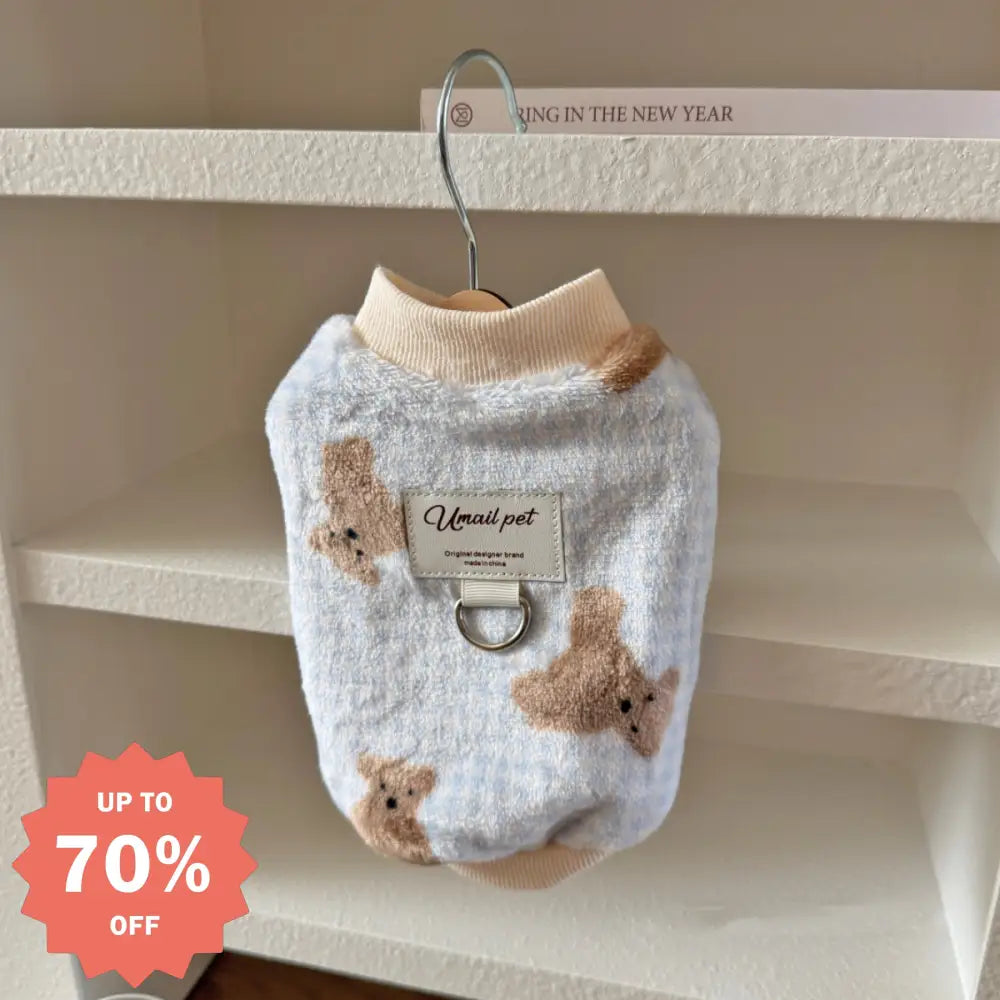 犬の服 秋冬新作 ふわふわ かわいい くまさん柄 青いチェック ベスト ペット用 猫 小型犬 ビション・テディ用 ID3252 写真通り / XS