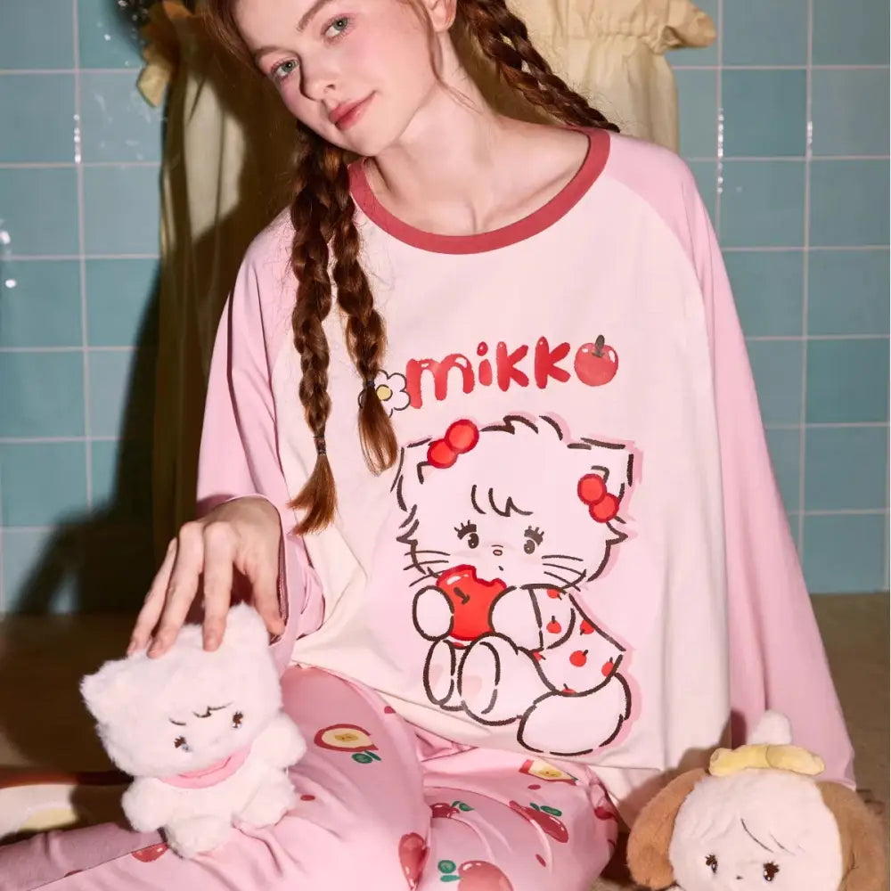 ラウンドネック パジャマ 可愛い 前開き 春 夏 秋 カートゥーン 快適 コットン 女性 大人 かわいい おしゃれ ルームウェア セット ID4359 タイプ③ / S レディース＞セットアップ