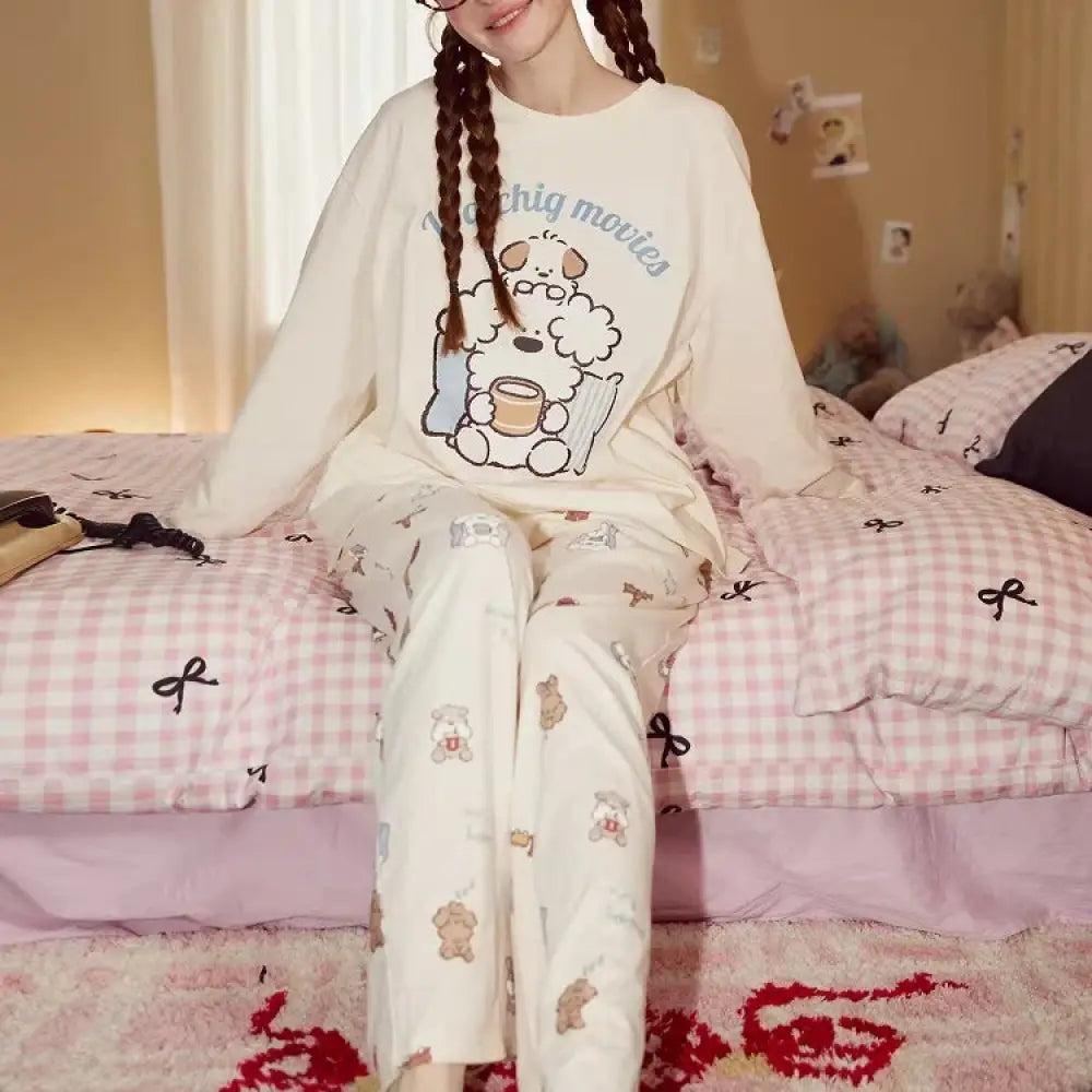 ラウンドネック パジャマ 可愛い 前開き 春 夏 秋 カートゥーン 快適 コットン 女性 大人 かわいい おしゃれ ルームウェア セット ID4359 タイプ② / S レディース＞セットアップ