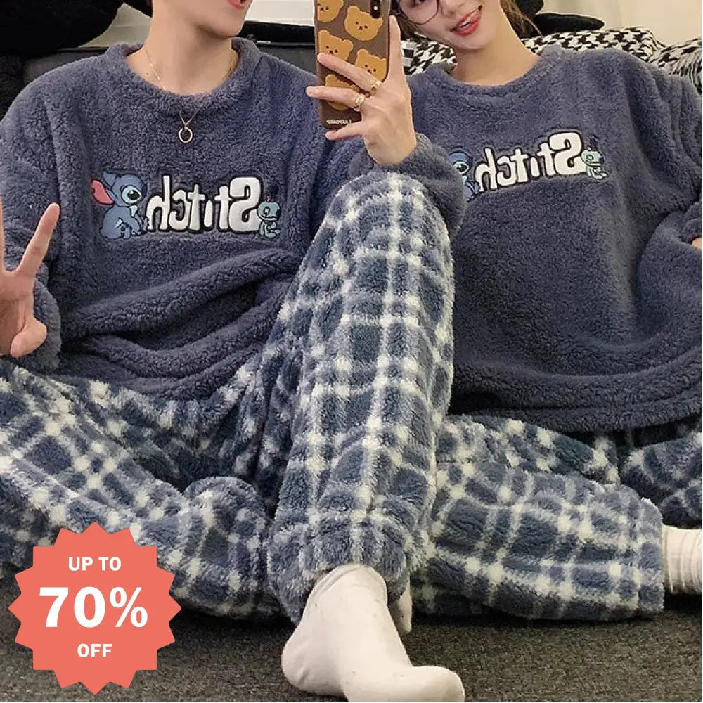 ラウンドネック スティッチ コーラルフリース カップル パジャマ レディース 冬用 裏起毛 厚手 保温 かわいい フランネル ルームウェア セットアップ ID3845 タイプ① / レディースＭ コーディネート＞ペアルック