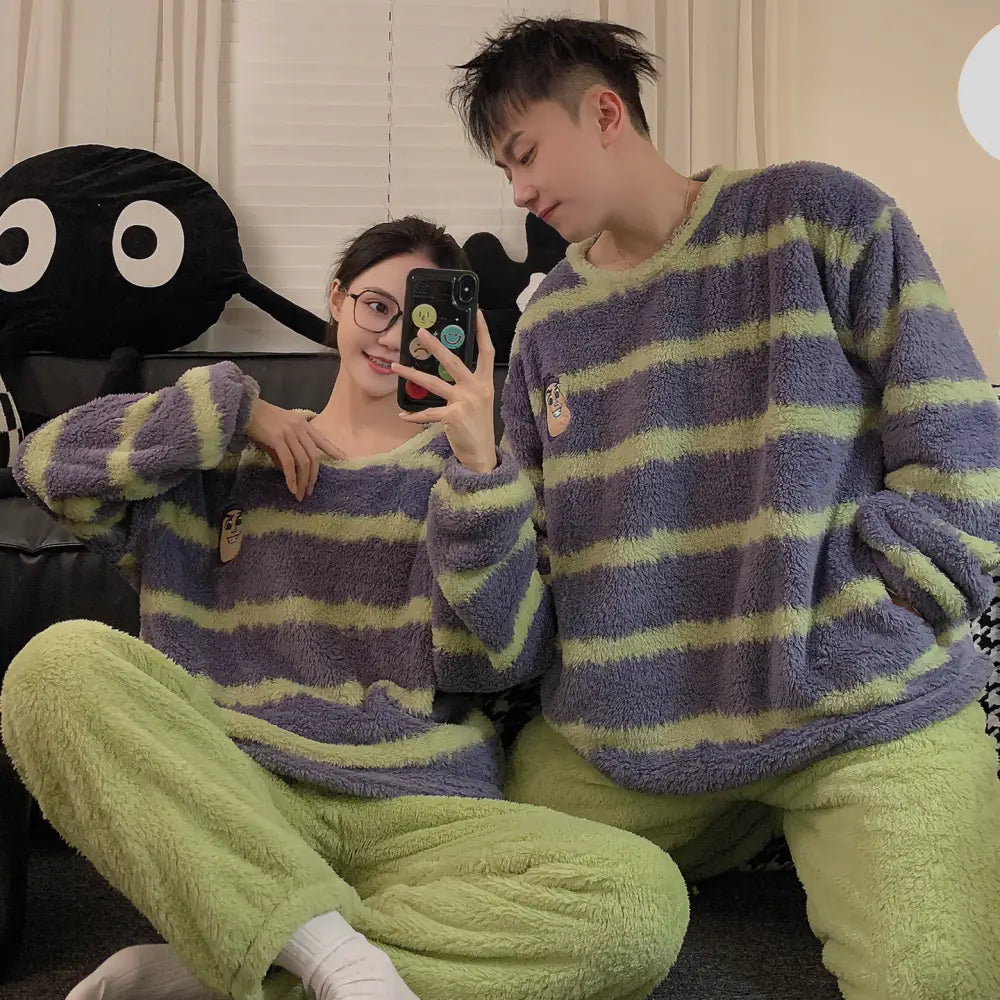 ラウンドネック スティッチ コーラルフリース カップル パジャマ レディース 冬用 裏起毛 厚手 保温 かわいい フランネル ルームウェア セットアップ ID3845 タイプ② / レディースＭ コーディネート＞ペアルック