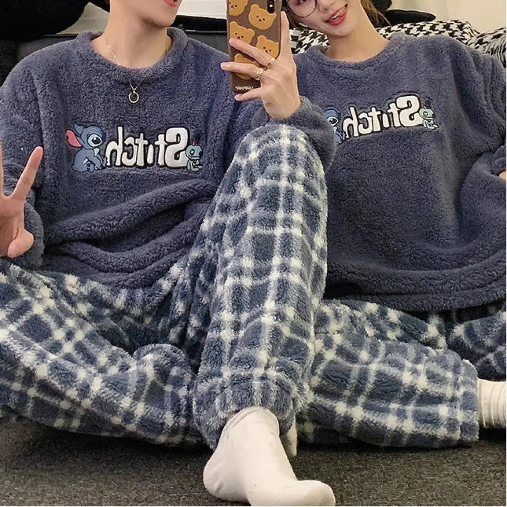 ラウンドネック スティッチ コーラルフリース カップル パジャマ レディース 冬用 裏起毛 厚手 保温 かわいい フランネル ルームウェア セットアップ ID3845 タイプ① / レディースＭ コーディネート＞ペアルック