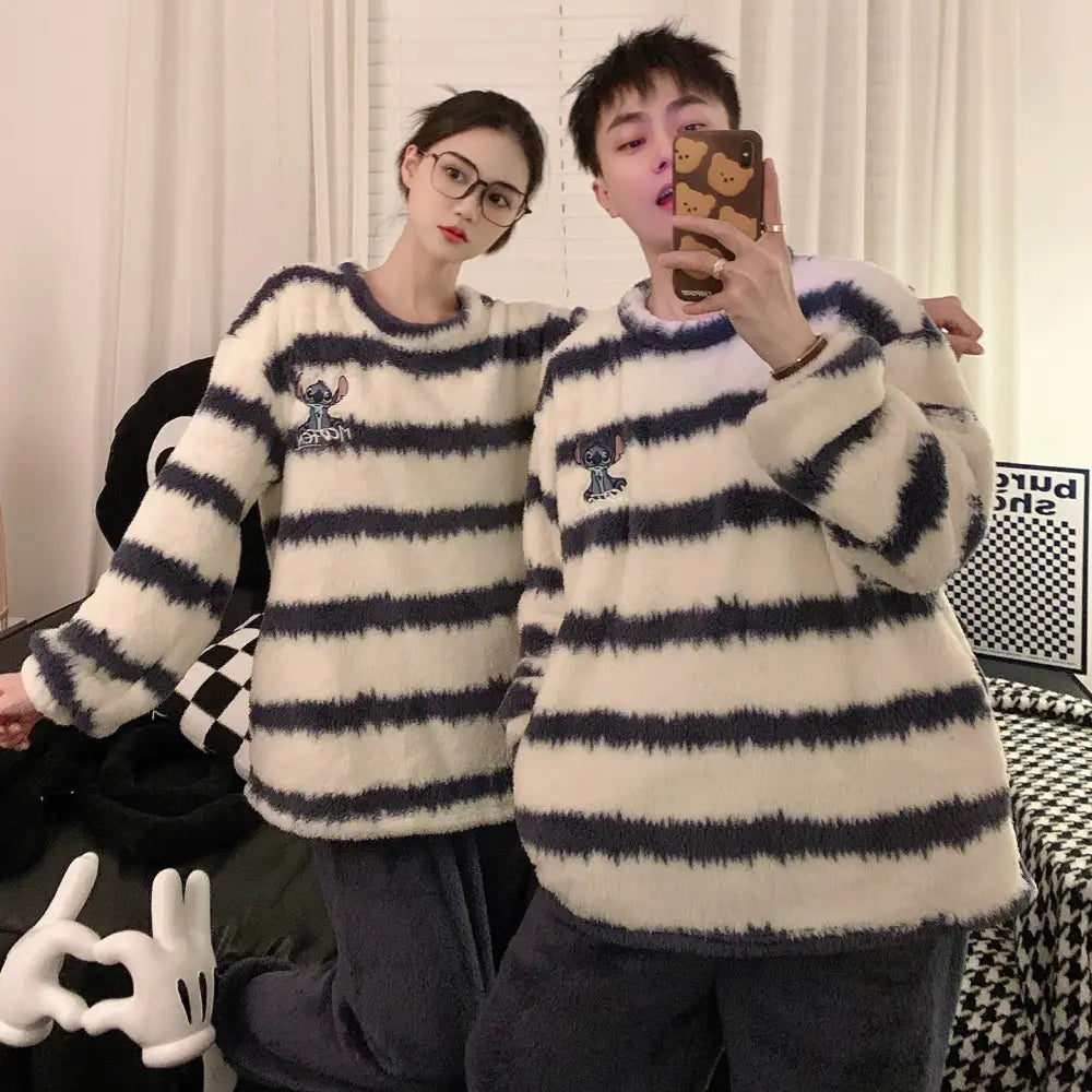 ラウンドネック スティッチ コーラルフリース カップル パジャマ レディース 冬用 裏起毛 厚手 保温 かわいい フランネル ルームウェア セットアップ ID3845 タイプ④ / レディースＭ コーディネート＞ペアルック