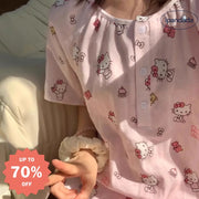 ID511 ハローキティ パジャマワンピース ピンク 半袖 レディース コットン 半袖 軽量 通気性 快適 柔らかい かわいい トップス ワンピース かわいい 学生 ルームウェア レディース＞ワンピース
